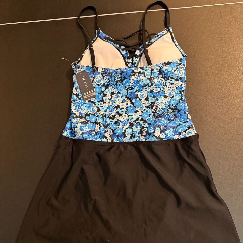 Nautica Slimming Lace-Up Swimdress Blue Floral One Piece Medium NWT - Picture 5 of 7